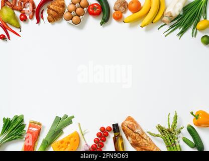 Cibo sano di fondo. Frutta e verdura diverse. Vista dall'alto. Foto Stock