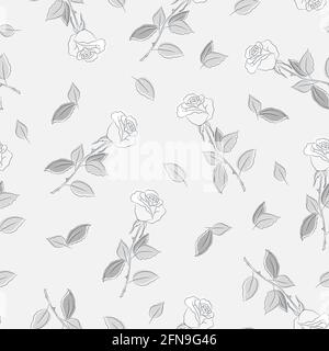 Sfondo floreale con rose. Motivo senza cuciture con fiori bianchi di rosa e foglie grigie. Illustrazione vettoriale su sfondo grigio chiaro Illustrazione Vettoriale