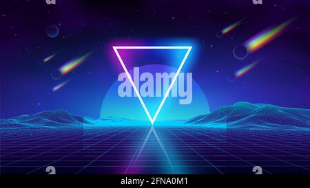 Synth onda retro città paesaggio sfondo tramonto 3d paesaggio con comete arcobaleno. Paesaggio futuristico stile anni '80. Onda sintetica triangolare neon digitale Illustrazione Vettoriale