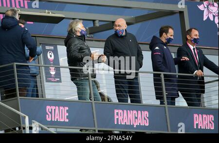 Parigi, Francia. 15 maggio 2021. Denis Charvet, presidente della Federazione francese di rugby FFR Bernard Laporte durante il campionato francese Top 14 rugby Union match tra Stade Francais Parigi e Montpellier Herault Rugby (MHR) il 15 maggio 2021 allo Stade Jean Bouin a Parigi, Francia - Foto Jean Catuffe/DPPI Credit: DPPI Media/Alamy Live News Foto Stock