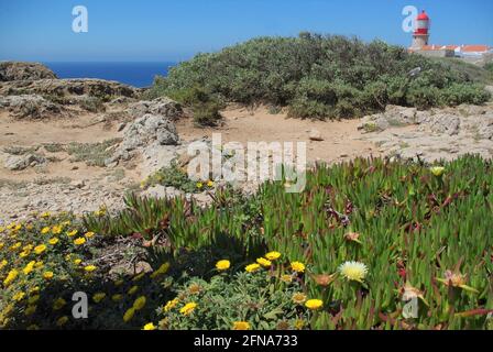 Faro sul punto ovest più lontano d'Europa, Cabo do Sao Vicente, Portogallo Foto Stock