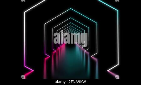 Fondo esagonale al neon nei colori viola blu. Tech sfondo futuristico spazio tunnel luce. Futuro, nero neon cyber astratta arte 3d rendering. Foto Stock