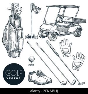 Golf club vettore disegnati a mano icone ed elementi di design set. Golf cart, palla, club, borsa e accessori disegno schizzo. Attività ricreative all'aperto st Illustrazione Vettoriale