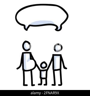 Illustrazione vettoriale della famiglia di figure stick. Elemento motivo icona donna incinta isolato disegnato a mano in colore piatto. Per Salute, Bambino, bolla di testo o. Illustrazione Vettoriale