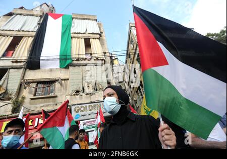 Beirut, Libano. 15 maggio 2021. La popolazione detenga bandiere palestinesi durante una manifestazione di solidarietà con il popolo palestinese a Beirut, in Libano, il 15 maggio 2021. Credit: Bilal Jawich/Xinhua/Alamy Live News Foto Stock