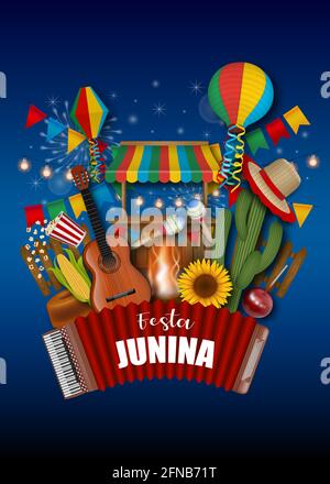 Poster festa junina. Sfondo del festival brasiliano di giugno con pennants colorati, lanterne e altri elementi Illustrazione Vettoriale