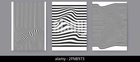 Set di layout con linee ondulate bianche e nere. Modello mezzitoni. Sfondo astratto. Forme duotone intrecciate. Modello di disegno vettoriale minimalista. Illustrazione Vettoriale