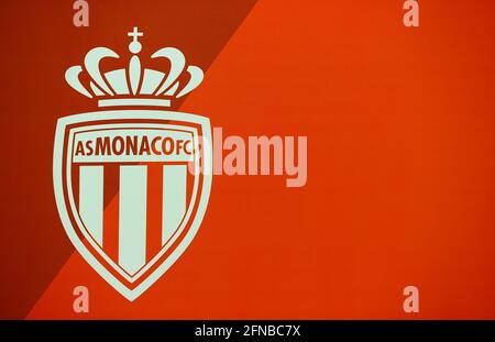 Monaco, Monaco. 15 maggio 2021. Monaco, Monte-Carlo - 15 maggio 2021: Conferenza stampa Monaco vs. Stade Rennais con logo. Fussball, Calcio, credito: dpa / Alamy Live News Foto Stock