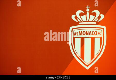 Monaco, Monaco. 15 maggio 2021. Monaco, Monte-Carlo - 15 maggio 2021: Conferenza stampa Monaco vs. Stade Rennais con logo. Fussball, Calcio, credito: dpa / Alamy Live News Foto Stock