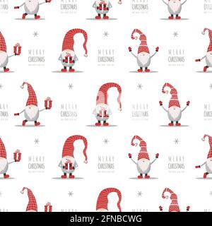 Modello natalizio con gnomi in cappelli rossi. Elfi scandinavi carini. Illustrazione vettoriale in stile cartoon. Nuovo anno di progettazione per il confezionamento di carta, tessuti Illustrazione Vettoriale