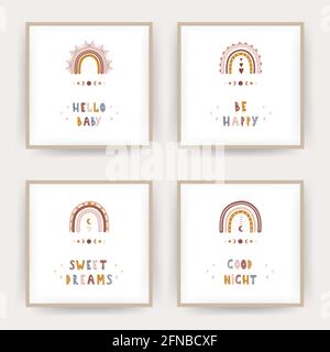 Poster boho arcobaleno. Design scandinavo per carta da parati e arredamento per bambini. Simpatico vettore pastello illustrazione in stile cartoon Illustrazione Vettoriale