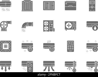 Set di icone grigie dell'aria condizionata. Telecomando, refrigerante, umidificatore e molto altro. Illustrazione Vettoriale