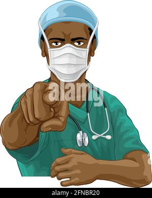 Infermiere medico in maschera PPE che punta ha bisogno di voi Illustrazione Vettoriale