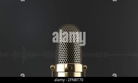 Primo piano elegante microfono dorato frontale su sfondo nero con onde sonore. Podcast, live, concetto di streaming. rendering 3d. Foto Stock