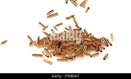 Gli involucri in oro cadono su una superficie bianca super slow motion rendering 3d a 1000 fps Foto Stock