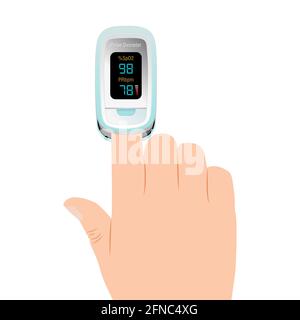 Pulsossimetro sul dito. Monitoraggio del livello di saturazione dell'ossigeno nel sangue con rilevamento della frequenza cardiaca, icona del dispositivo medico, isolato su sfondo bianco. Illustrazione Vettoriale