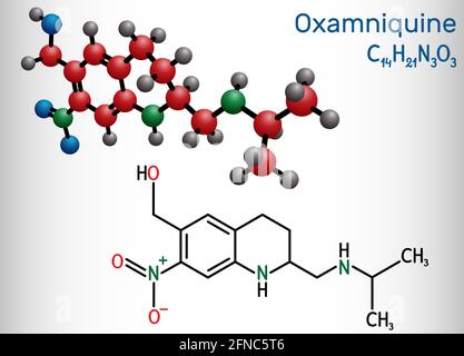 Molecola di Oxamniquina. È membro delle chinoline, antelmintiche con attività schistosomicida contro Schistosoma mansoni, usate per trattare le schistosomi Illustrazione Vettoriale