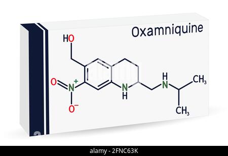 Molecola di Oxamniquina. È membro delle chinoline, antelmintiche con attività schistosomicida contro Schistosoma mansoni, usate per trattare le schistosomi Illustrazione Vettoriale