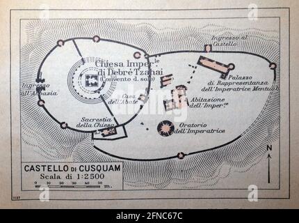 Antica mappa del Castello di Cusquam, Etiopia (immagine della guida italiana dell'Africa orientale edizione 1938) Foto Stock