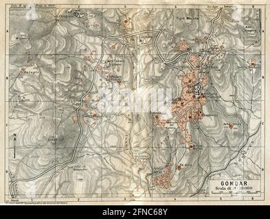 Antica mappa del Gondar, Etiopia (immagine della guida italiana dell'Africa orientale edizione 1938) Foto Stock