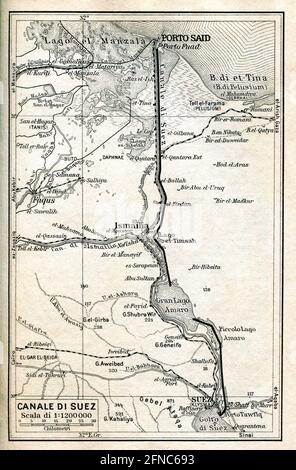 Antica mappa del canale di Suez, Egitto (immagine della guida italiana dell'Africa orientale edizione 1938) Foto Stock