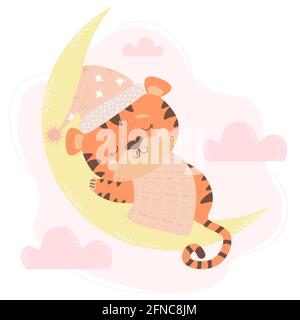 cute tigre cucciolo ragazza in un cappellino dorme sulla luna su sfondo rosa con le nuvole. Illustrazione vettoriale. Concetto di animale del bambino per vivaio, disegno, dicembre Illustrazione Vettoriale