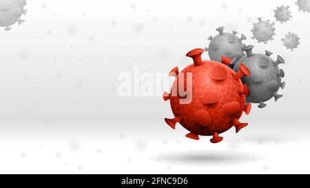 Modello bianco con molecole di coronavirus rosso e grigio e spazio di copia. Coronavirus 2019-nCoV. Focolaio di coronavirus e coronavirus backgro influenzale Foto Stock