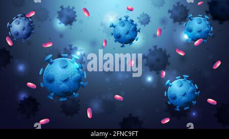 Sfondo blu con molecole di coronavirus blu. Coronavirus COVID-2019 con molecole 3D. Coronavirus sfondo in design moderno con spazio di copia Foto Stock