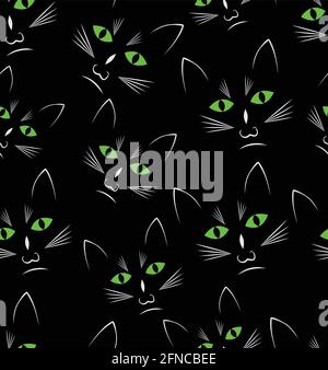 Sfondo nero con teste cats nere, sfondo vettoriale senza giunture, Vector EPS 10 Illustrazione Vettoriale