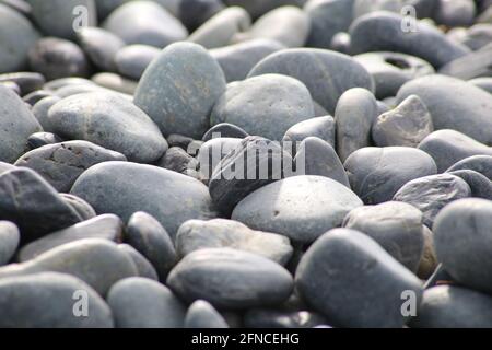 Pietre rotonde su un letto di fiume asciutto fuori nella natura. Ciottoli lisci con tonalità di grigio chiaro in luce ambiente. Foto Stock