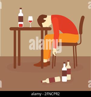 alcolismo, dipendenza da alcol, alcolismo ubriaco, depressione problema Illustrazione Vettoriale