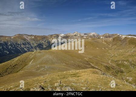 Vista sulla cima Costabona in autunno, guardando la regione di Vallter e Bastiments, nei Pirenei orientali (Ripollès, Catalogna, Spagna) Foto Stock