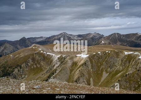 Roca Colom vista sulla vetta in autunno, guardando la regione di Vallter e Bastiments, nei Pirenei orientali (Ripollès, Catalogna, Spagna) Foto Stock