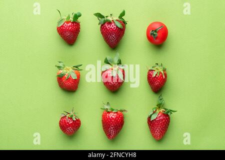 Concetto di essere diverso. Composizione piatta a motivo con fragole e pomodori ciliegini. Frutta estiva su sfondo verde Foto Stock