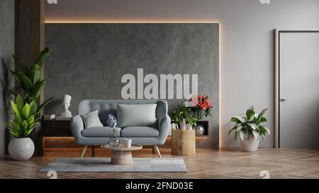 Soggiorno loft in stile industriale con divano blu sfondo parete in cemento vuoto,rendering 3d Foto Stock