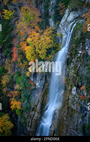 Cascata Salt de la Coromina a Falgars d'en Bas in un tramonto autunnale (Garottxa, Catalogna, Spagna) ESP: Cascada del Salt de la Coromina en otoño Foto Stock