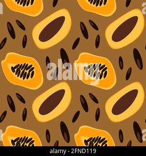 Papaya, mango e papya semi senza cuciture modello. Frutta esotica a metà fette di sfondo. Illustrazione vettoriale per tessuti, copertine, stampe Illustrazione Vettoriale