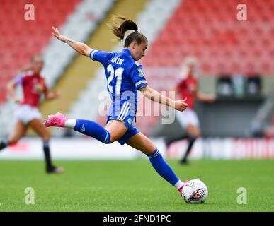 Leigh, Regno Unito. 16 maggio 2021. Hannah Cain (21 Leicester City) durante la quinta partita della Coppa fa delle donne tra Manchester United e Leicester City al Leigh Sports Village di Leigh, Inghilterra. Credit: SPP Sport Press Photo. /Alamy Live News Foto Stock