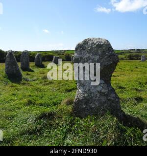 Il cerchio di pietra di Merry Maidens, Cornovaglia, Inghilterra, Regno Unito, 3,05,2021. Il Merry Maidens è un cerchio di pietra tardo neolitico situato a 3 km (2 miglia) Foto Stock