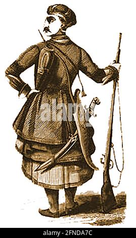 Un'incisione precoce che mostra l'abbigliamento tipico di un russo soldato ordinario del 1700 nella battaglia invernale in stile cossack abito Foto Stock