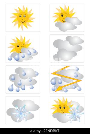 Set di icone per le previsioni meteo con simboli meteorologici Illustrazione Vettoriale