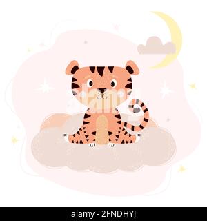 Cute tigre cucito su delicata nuvola rosa sullo sfondo del cielo stellato con la luna. Illustrazione vettoriale. Collezione animale per bambini, desi Illustrazione Vettoriale