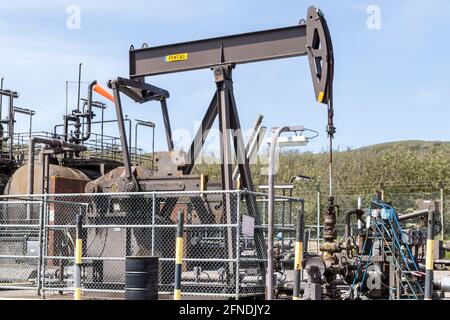 Perenco's Kimmeridge Wellsite, pompa a fascio singolo o "asino nodding", Wytch Farm Oil Field, Kimmeridge Bay, Isle of Purbeck, Jurassic Coast, Dorset, REGNO UNITO Foto Stock