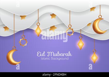 EID mubarak sfondo in carta tagliata con nuvole e decorazioni. Sfondo islamico adatto per Ramadan, Eid al Adha, Eid al Fitr. Illustrazione Vettoriale