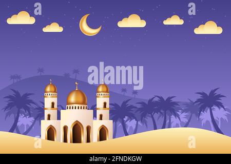 Splendido sfondo islamico con la moschea nel mezzo del deserto. Sfondo islamico adatto per Ramadan, Eid al Adha, Eid al Fitr. Illustrazione Vettoriale