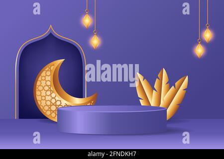 Decorazione del podio con display 3D islamico su sfondo viola con una luna trescola d'oro realistica e lanterne appese. Presentazione del prodotto adatta per Illustrazione Vettoriale