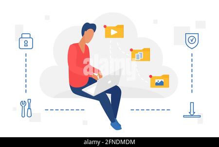 Le persone lavorano con l'illustrazione vettoriale del servizio di archiviazione Web cloud. Personaggio utente di Cartoon man utilizzo di un computer portatile per caricare, scaricare contenuti video e multimediali, organizzare il backup dei file di documenti isolati su bianco Illustrazione Vettoriale