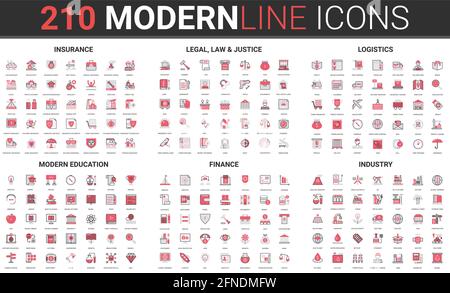 Assicurazione, giustizia legale, logistica di trasporto di consegna sottile rosso nero linea icona vettore illustrazione insieme. Delineare la raccolta di simboli delle app mobili per l'istruzione moderna, il sistema finanziario e l'industria Illustrazione Vettoriale