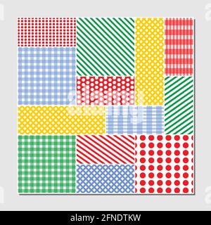 Riquadro patchwork combinato da campi rettangolari punteggiati, a strisce e a scacchi. Illustrazione Vettoriale