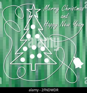 Tema di Natale nel design moderno, albero di natale con stelle e palle di natale in contorno bianco su sfondo verde pixelated. Curv. Bianco calligrafico Illustrazione Vettoriale